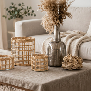 Porte-bougie en rotin fait main, panier à bougies rustique tissé, décoration de table, décoration de salon, décoration de Noël - Product Image 1