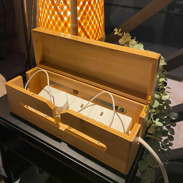 Home and Office Cable Charging Management Tidy Box Wood Storage Box for Organising Desk Bamboo Cable Organizer