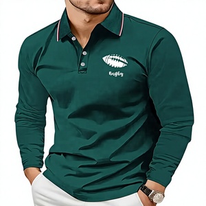 Custom Logo Men's Green Long Sleeve Rugby Polo Shirt With Front Logo Breathable Casual Sport Style Button <b>Down</b> Collar - Product Image 1