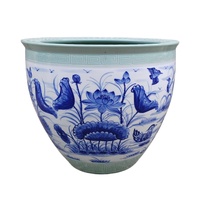 RXGB03-D-M Grand pot de fleurs en céramique Chinoiserie Orientale, bleu céladon, motif Phénix, pin et étang de lotus