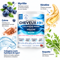 Poudre de Collagène Marin 4-en-1, Complément Nutritionnel pour Cheveux avec Biotine, Sélénium, Kératine, Zinc et Vitamine B6, 300g