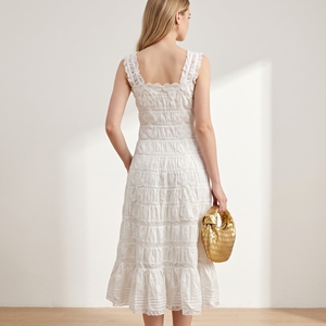 Abito Estivo Casual Bianco da Donna OEM Hot Sale, Nuovo Abito Smoking <span class=keywords><strong>Midi</strong></span> in <span class=keywords><strong>Cotone</strong></span> Eco-Friendly con Ricamo a Occhiello Naturale - Product Image 2
