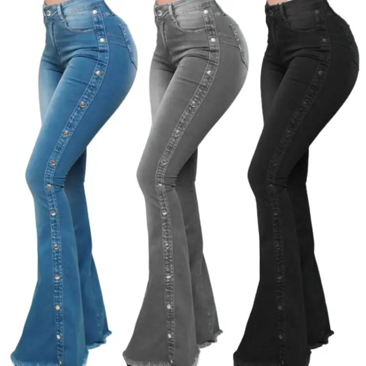 देवियों पतला भड़क जींस बटन के साथ ढेर पैंट कस्टम स्टाइलिश डेनिम व्यापक पैर जींस पैंट महिलाओं के लिए