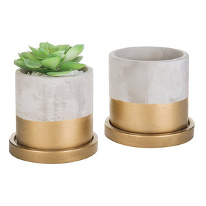 Cilindrico di Cemento & Gold-Tone Mini Vaso Fioriera con Gocciolamento Vassoi, Set di 2 - Product Image 1