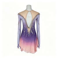 Robe de patinage et de danse pour enfants et adultes, dégradé violet-rose, manches longues en maille, dos découpé avec strass, pour compétition et spectacle de patinage sur glace