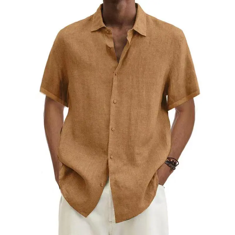 Summer V-neck Button Up Cotton Linen Solid Color Short Sleeve Shirts Men's Trendy Plus Size Shirts