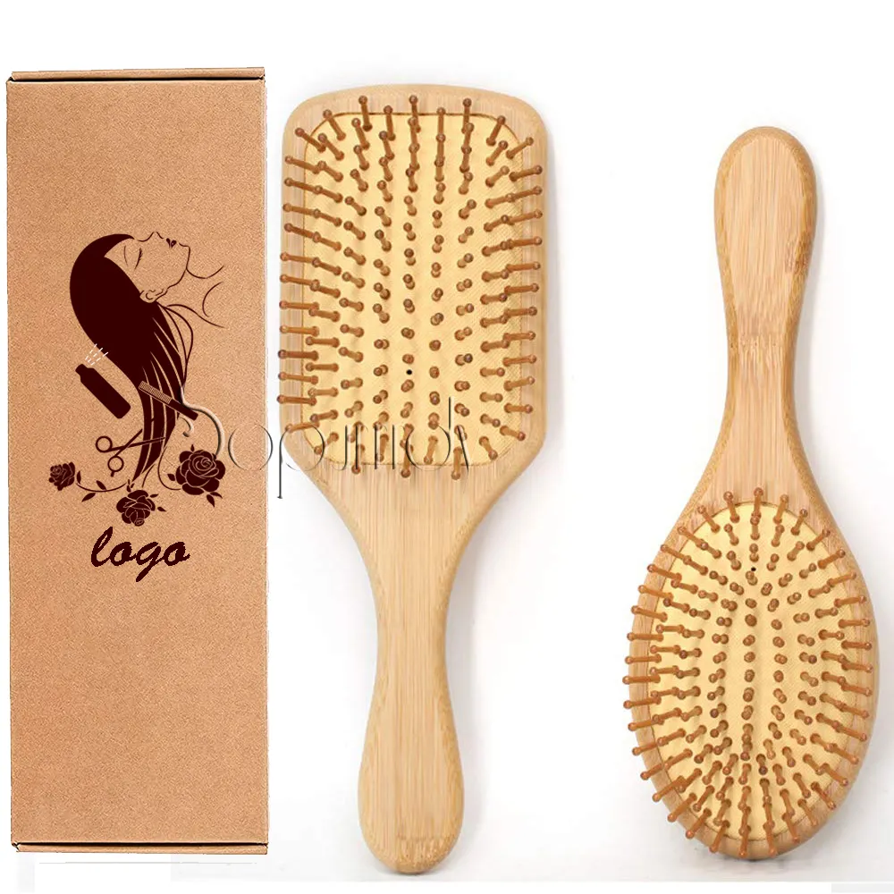 Toptan özelleştirmek logosu masaj doğal bambu Hairbrush ahşap kürek saç ahşap saç fırçaları kadınlar için