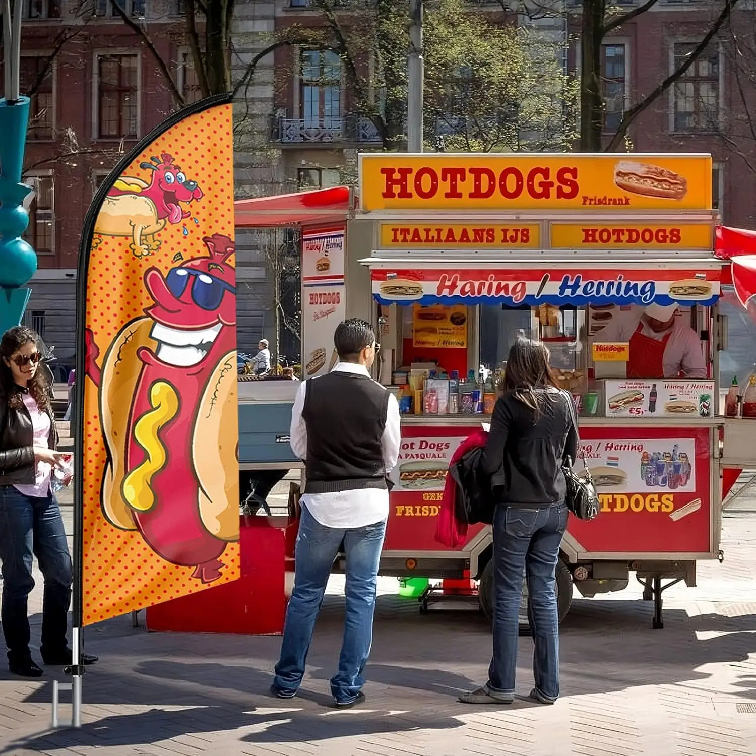 11FT Windless Hot Dog sign with Aluminum Alloy Flagpole/Stainless Steel Ground Stake Hot Dog Swooper Flag Banner