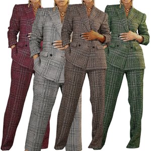 Trajes de Oficina para <span class=keywords><strong>Mujer</strong></span> X8280, Conjunto de Dos Piezas con Pantalones Holgados y Chaqueta Cruzada a Cuadros, Estilo Ejecutivo - Product Image 1