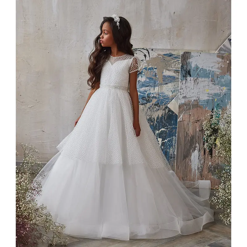 White Ivory Flower Girl Dresses for Weddings Sheer Neck Polka Dots Tulle Girls Pageant Gown First Communion Dress