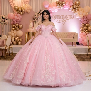 Xybb08-Pz Pastel Pink Quinceanera <b>Ball</b> Gown 3D Floral Corset <b>Glitter</b> Chiffon Natural Dress for Formal Evening Party for - Product Image 1