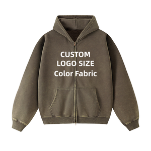 Custom Logo High 450GSM Heavyweight Cotton Hoodie Full Zip Vintage Distressed Applique Men Sweatshirt Bulk Wholesale 6748 - Product Image 1