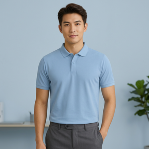 Polo à manches courtes bleu clair pour homme, en coton tricoté, respirant, couleur unie, style décontracté chic, coupe classique - Product Image 1