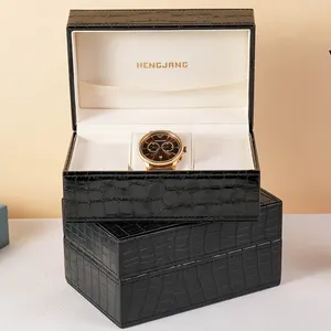 Оптовая продажа, роскошные черные чехлы из искусственной кожи с рисунком крокодила, коробки для часов с пользовательским логотипом, упаковочная коробка для часов