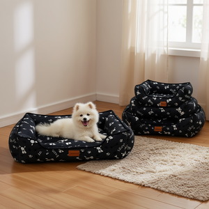 Set di Tre Pezzi in Lino Stampato per Cuccia per Cani con Sfondo Nero per Letti per Animali Domestici - Product Image 3