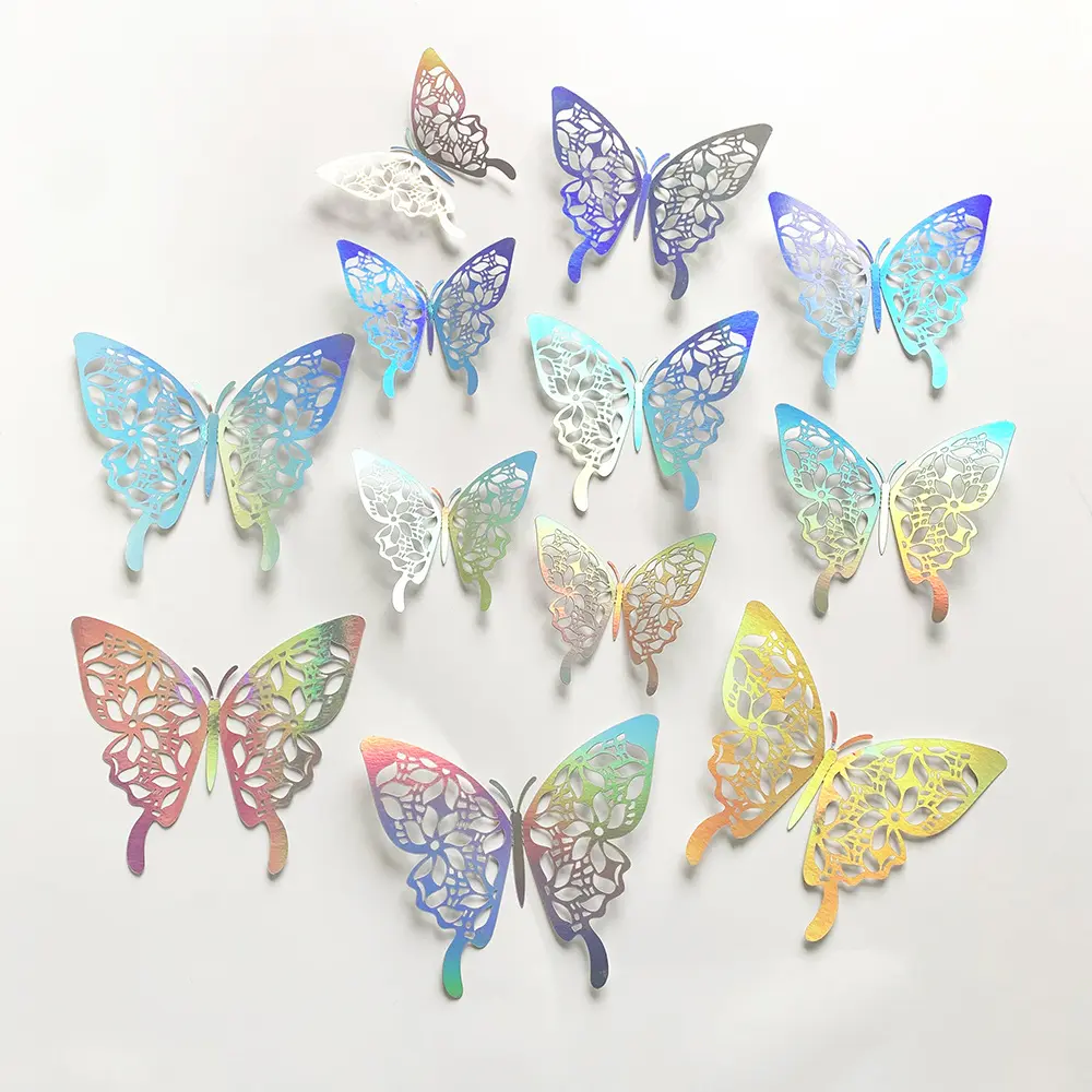 12 miếng dán hình bướm bạc nhiều màu sắc ba chiều 3D Miếng dán tường trang trí bong bóng Tiệc tiệc Cưới