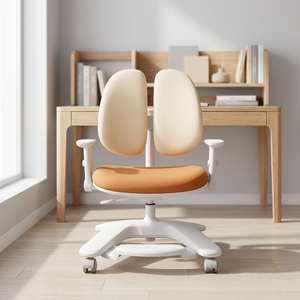 Chaise de bureau ergonomique moderne avec dossier divisé, base en plastique, revêtement orange, design minimaliste, mobilier pour la maison - Product Image 3