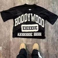 T-shirt de football personnalisé surdimensionné avec appliqué brodé, en tissu French Terry, coupe carrée, strass, effet vieilli, pour homme