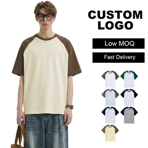 T-shirts en coton épais à blocs de couleur, style INS, <span class=keywords><strong>avec</strong></span> logo personnalisé, coupe ample, manches raglan, col rond uni, manches courtes - Product Image 1