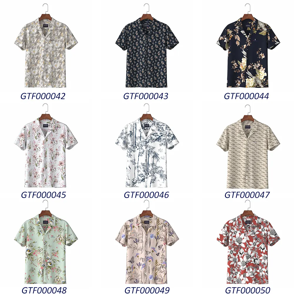 Nuova collezione di camicia stampa hawaiana in popeline viscosa 100% con MOQ basso e camicia casual da uomo consegna veloce