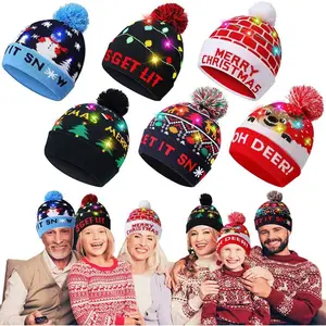 Christmas Hats With LED Light Up Sweater Santa Elk Knitted Beanie Hat Cartoon Pattern Christmas Gift For Kids New Year Supplies