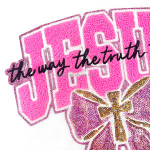 Grand Patch Brodé en Chenille Jésus avec Nœud Rose pour Vestes, Sacs à Dos, Thème Foi, Applique Thermocollante pour Cadeaux - Product Image 2