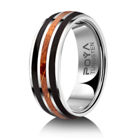 Bague de mariage en tungstène de 8 mm, argentée et polie, avec incrustation en bois de sureau noir et incrustation en bois de fût de whisky pour homme