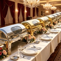 Plat de service chauffant en acier inoxydable 9L avec couvercle roulant, chauffage au gaz/carburant, pour buffet, service de traiteur de luxe, ensemble de mariage