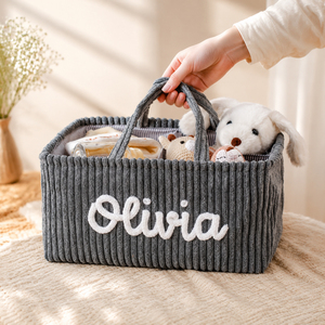 Cesta de Almacenamiento de Juguetes para Bebés con Nombre Personalizado, Organizador de Pañales de Pana Personalizado con Asas, Decoración para Cuarto de Bebé - Product Image 4
