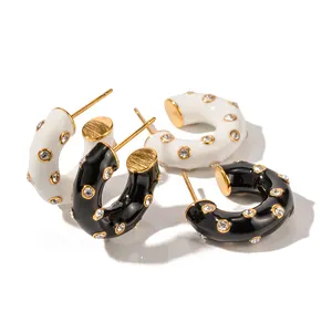 CZ Twinkle Twinkle Gold-tone Enamel And Cubic Zirconia Hoop Earrings 18k PVD Stainless Steel Black White Oil Drop Earring