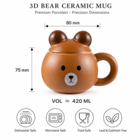 Vente en gros d'usine, tasse en céramique 3D en forme d'ours panda de 420 ml avec couvercle en céramique, tasse à café mignonne en forme d'animal pour cadeau