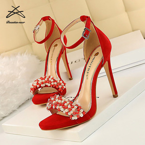 Sandales à talons très hauts pour femmes, en daim imperméable, avec plateforme, perles et strass - Product Image 4