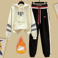 Ensemble deux pièces chaud et imperméable en peluche unie avec capuche pour femme, comprenant un pull brodé et un pantalon sarouel décontracté, idéal pour l'hiver.