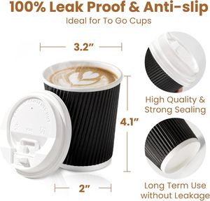 Vasos de Papel Desechables para Café Espresso, Té con Leche, para Llevar, con Pared Ondulada Aislante, Vasos de Papel Corrugado con Tapas, OEM ODM - Product Image 2