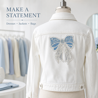Applique 3D en jean bleu avec nœud, perles, perles de rocaille et paillettes, broderie à coudre pour la décoration de vêtements, robes, vestes et sacs