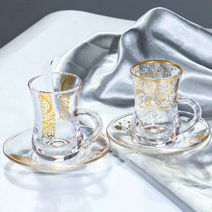 Золотая кофейная чашка в турецком стиле с индивидуальным дизайном, классическая стеклянная чашка для послеобеденного чая и свадебного торжества с блюдцем в комплекте - Product Image 2