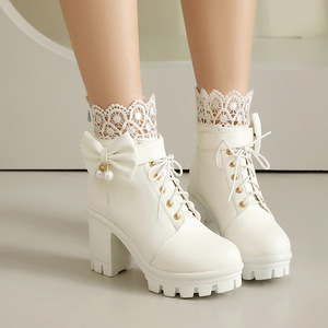 <b>White</b> Ankle Boots Lace-Up Chunky <b>Heel</b> Round Toe Bow Decoration PU All Seasons Style Drop Shipping - Product Image 4