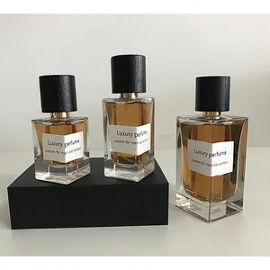 Luxus quadratische Parfüm flaschen Glas mit Etiketten aufkleber Crimp less Gold Ring Schwarz Holz kappe Parfüm flasche