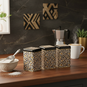 105x105x160 mm Recyclable Square Tin Box <b>Set</b> (<b>Set</b> of 3) Gold Leopard Print Pattern for Sugar - Product Image 3