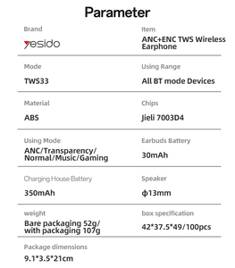 Casque sans fil Yesido BT5.3 ANC+ENC avec contrôle tactile sensible, faible latence, écouteurs sans fil TWS, écouteurs TWS33 - Product Image 5