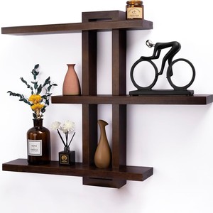 Walnut-colored wooden shelving set of 4 pieces, bathroom <b>shelf</b>, country style wall <b>shelf</b>, suitable for living room and <b>bedroom</b>. - Product Image 3