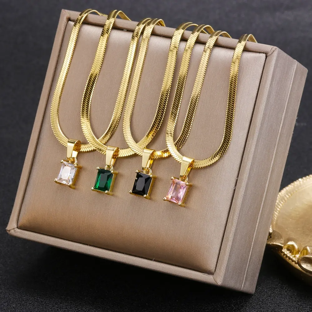 Tarnish Free 18k Gold Women Stainless Steel Snake Chain Choker Square Green Zirconia Crystal Diamond Necklace for Dropshipping