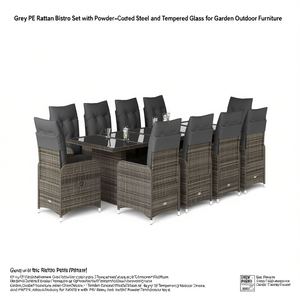 Conjunto de Bistro de Ratán Gris para 8 Personas, Estructura de Acero con Recubrimiento en Polvo, Vidrio Templado, Muebles de Jardín para Exteriores - Product Image 1
