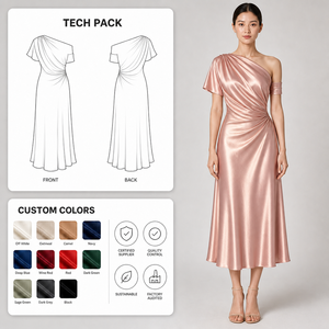 <span class=keywords><strong>Robe</strong></span> de soirée midi asymétrique en satin <span class=keywords><strong>rose</strong></span> poudré à épaule unique, col drapé, taille froncée, pour femme, vente en gros personnalisée - Product Image 1