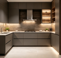 Armoires de cuisine modernes personnalisées en bois grainé gris foncé mat avec îlot central et vitrine à éclairage LED