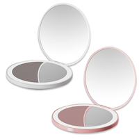 Cermin Rias LED Saku Mini Bulat Gagang Ganda Kaca dengan Lampu dan Personalisasi, Dapat Dikustomisasi, WARNA PINK