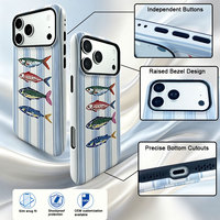 Casing Pelindung Hybrid PC TPU Motif Garis Ikan Nautikal, Tepi Kamera Terangkat Tipis Anti Jatuh Tahan Banting untuk iPhone 18Promax