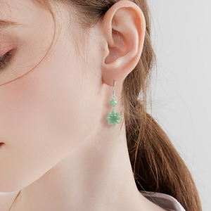 S925 <b>silver</b> <b>set</b> with natural emerald bean-green sunflower-shaped <b>earrings</b>. Bean-shaped jadeite ancient-style women's <b>earrings</b> - Product Image 5