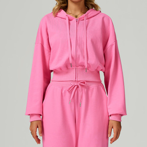 Sudaderas <span class=keywords><strong>con</strong></span> capucha de algodón para mujer <span class=keywords><strong>con</strong></span> cordón cómodo y cremallera recortada de diseño para exteriores, ropa de calle - Product Image 1