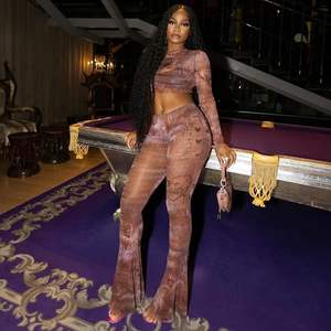 Ensemble 2 pièces personnalisé 2026 pour femme : Haut moulant en maille à col montant et pantalon élastique transparent sexy pour clubbing - Product Image 1